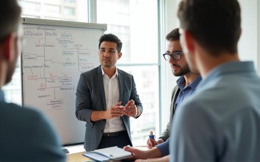 Founder receiving startup strategy coaching with advisor at whiteboard